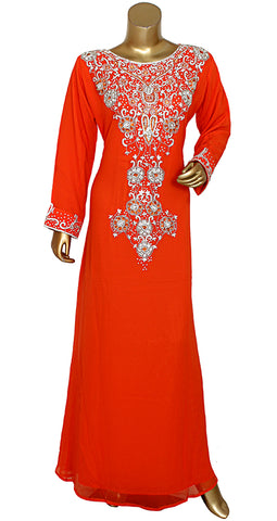 Dubai Style Orange Kaftan With Gold & Silver Crystal Work Long Dress Party Wear For Women