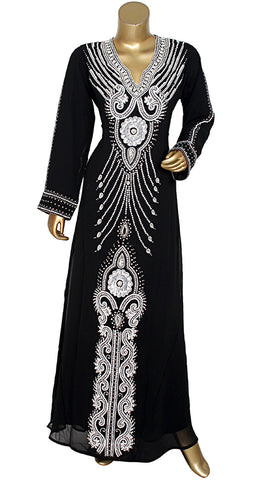 Black Chiffon Hand Made Kaftan With Crystal Work All Over